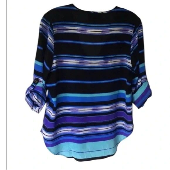 Yumi Kim Lizzie silk blouse blue stripe tab sleeves Size XS - Picture 2 of 7